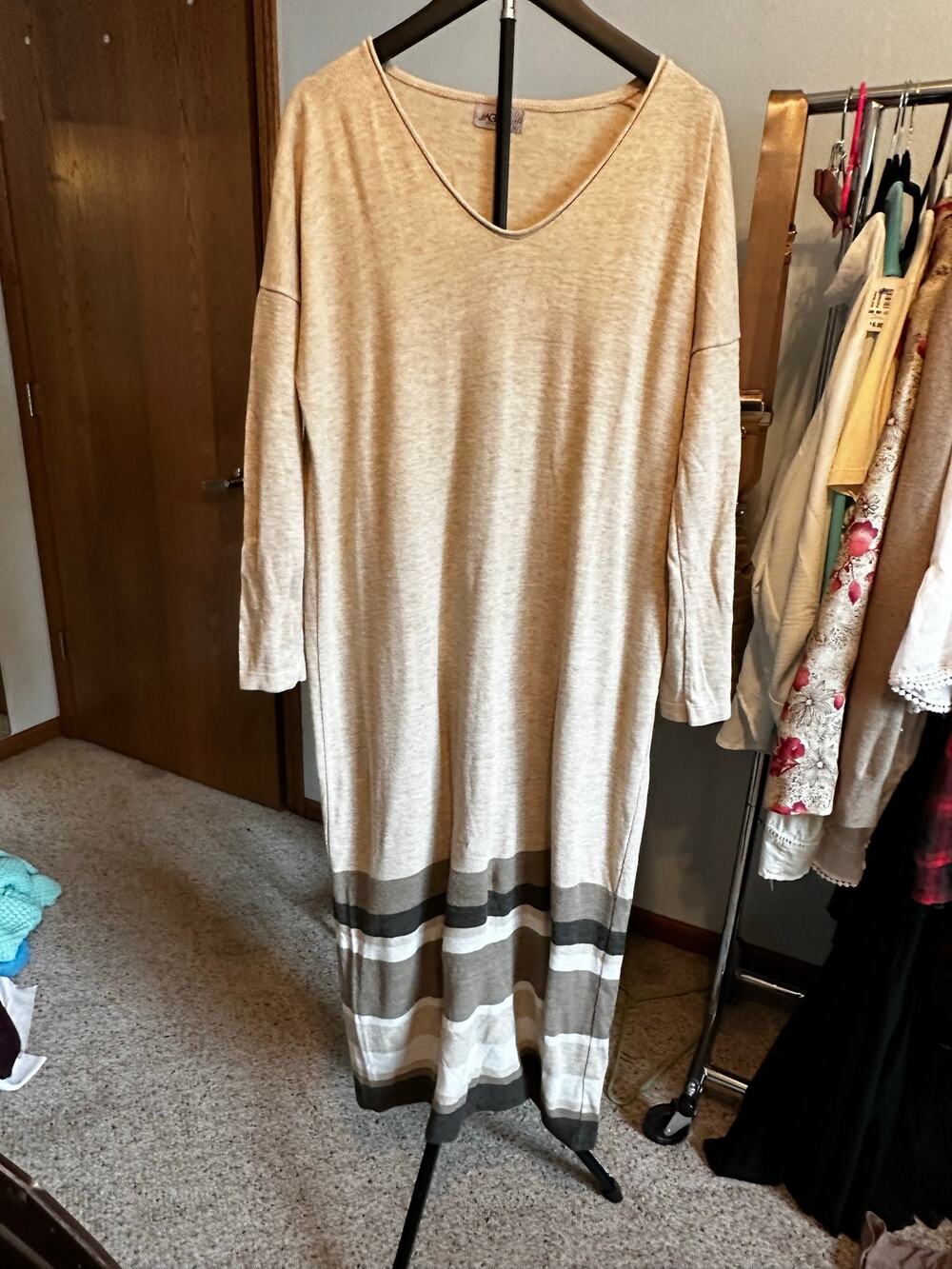 Aggel Knitwear Greece Oversized V-Neck Maxi Dress Tan Stripe Size L